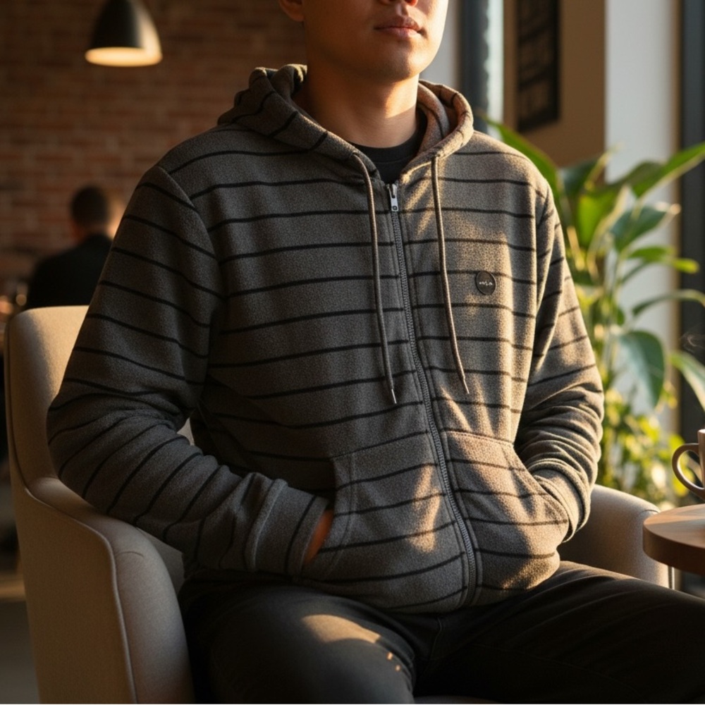 RVCA Men's Super Marle‎ Knit Blue/Gray Striped Zip Up Hoodie Sweater